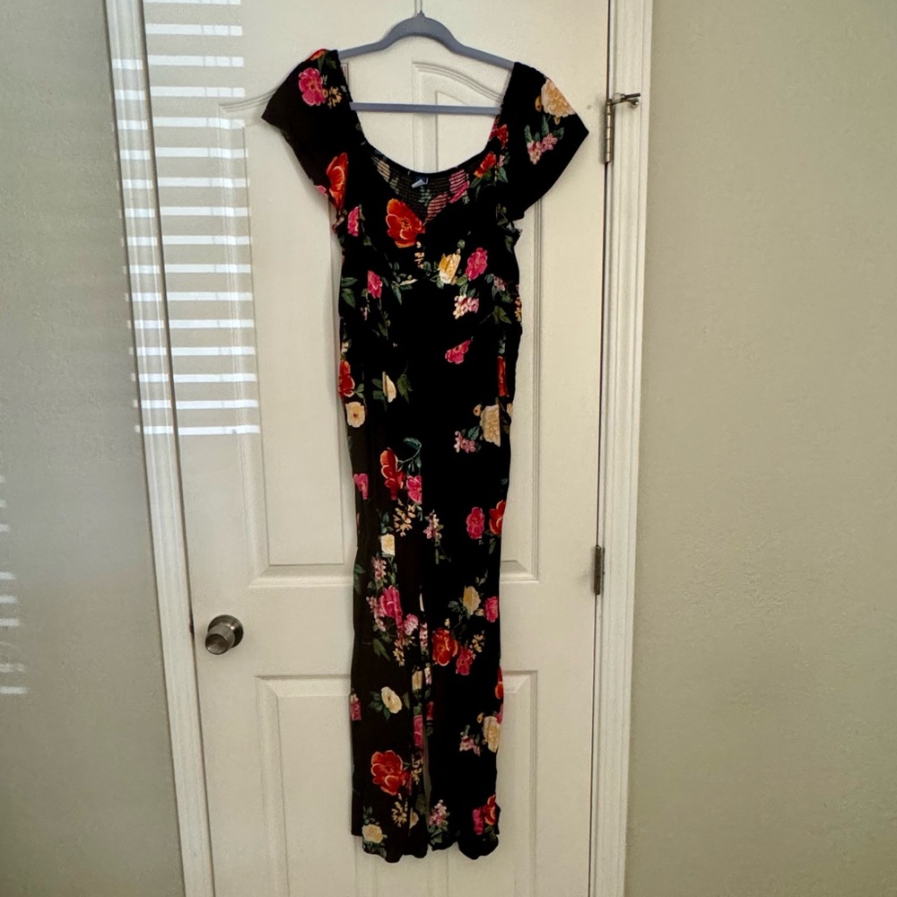 Black Floral Maxi Romper - Women's Elegant Scoop Neck